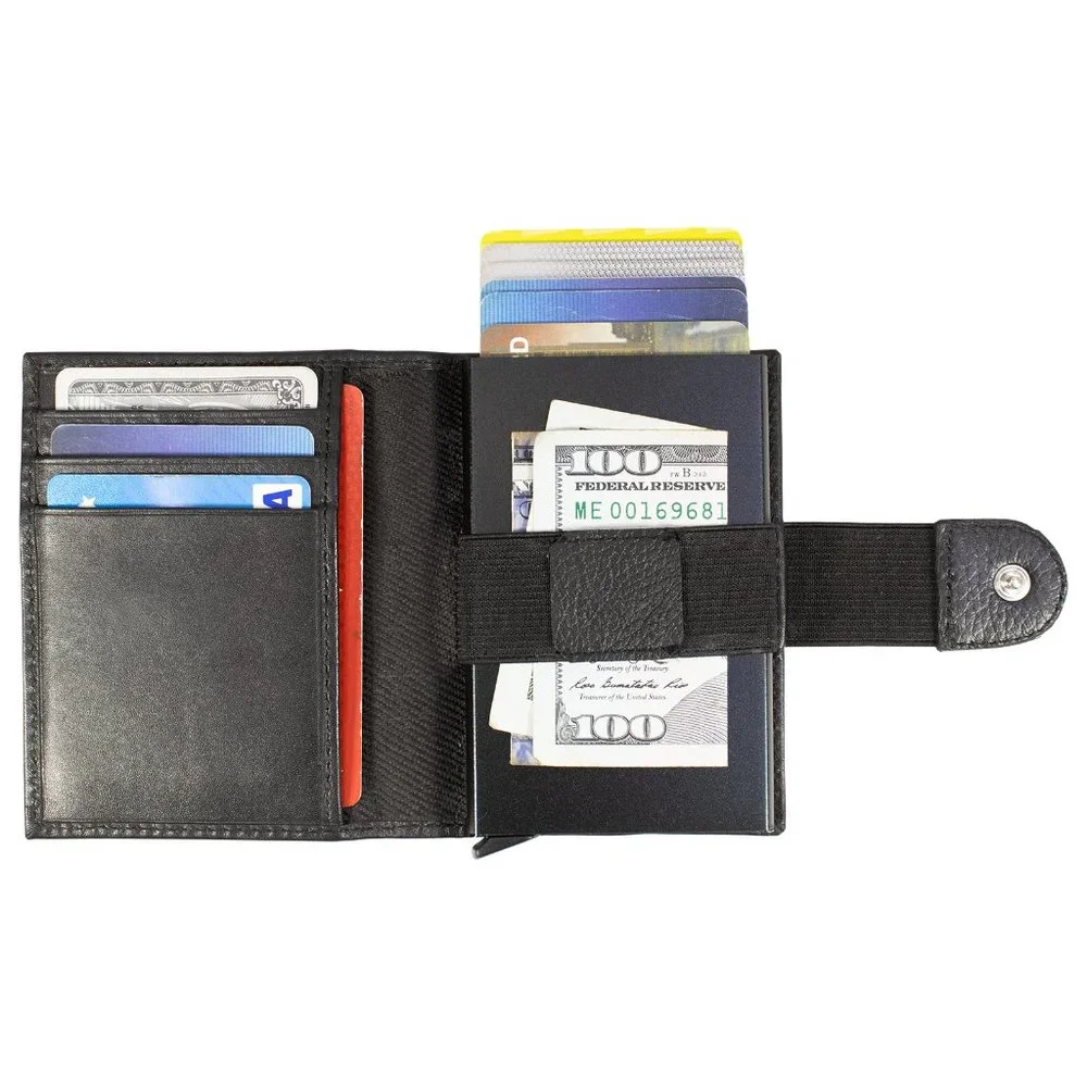 GENUINE LEATHER Automatic POP-UP Credit Card Holder with RFID Blocking